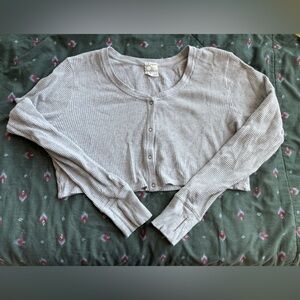 Womens Aerie Gray Crop Long Sleeve Waffle Knit Top Size XL